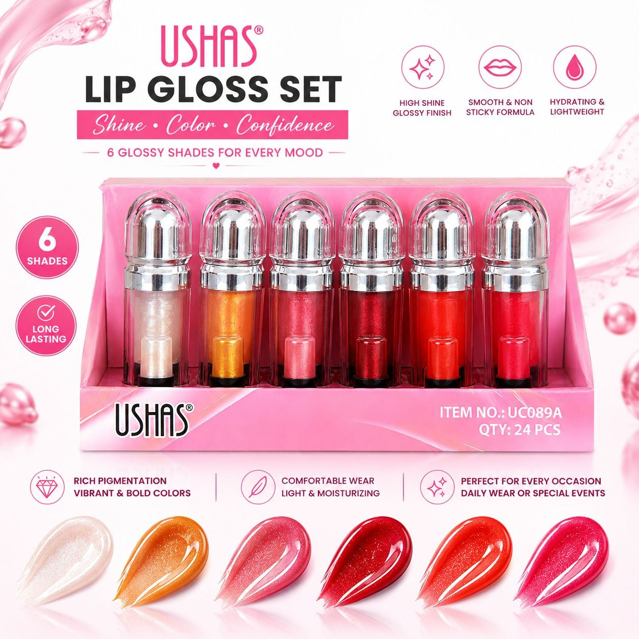 Set 24 Luciuri de Buze USHAS Lip Gloss Set – 6 Nuanțe Strălucitoare, Hidratare și Efect Glossy