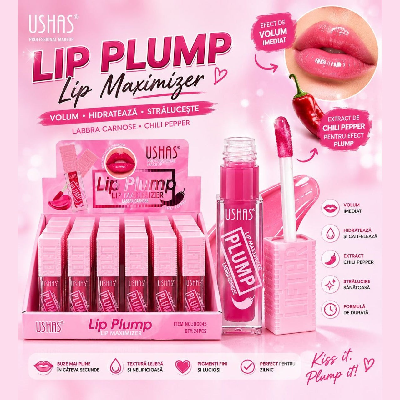 Set 24 Luciuri de Buze Volumizante USHAS Lip Plump – Efect Plumping, Textură Lejeră și Strălucire Intensă