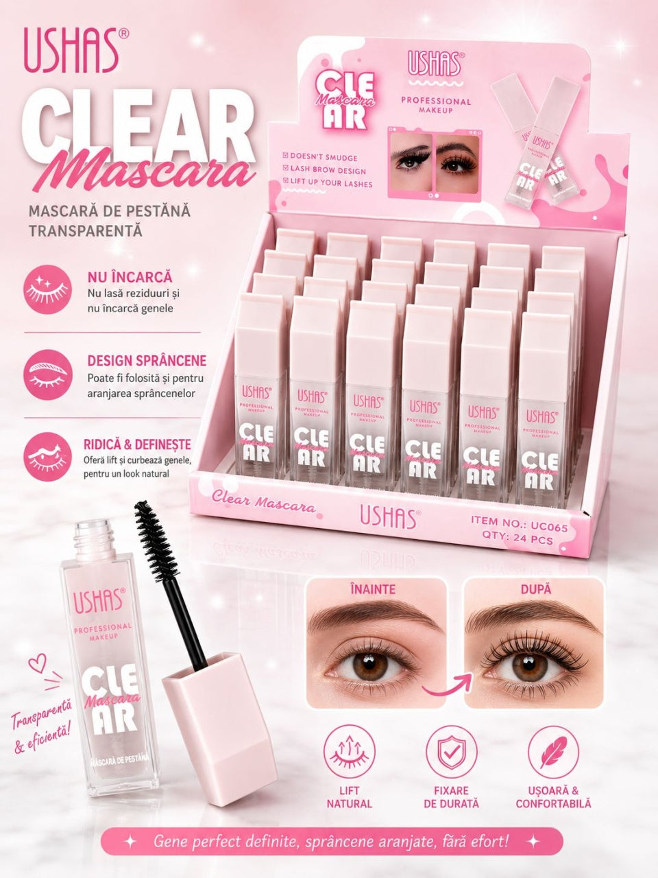 Set 24 Mascara Transparentă USHAS Clear Mascara – Fixare Gene și Sprâncene, Efect Natural