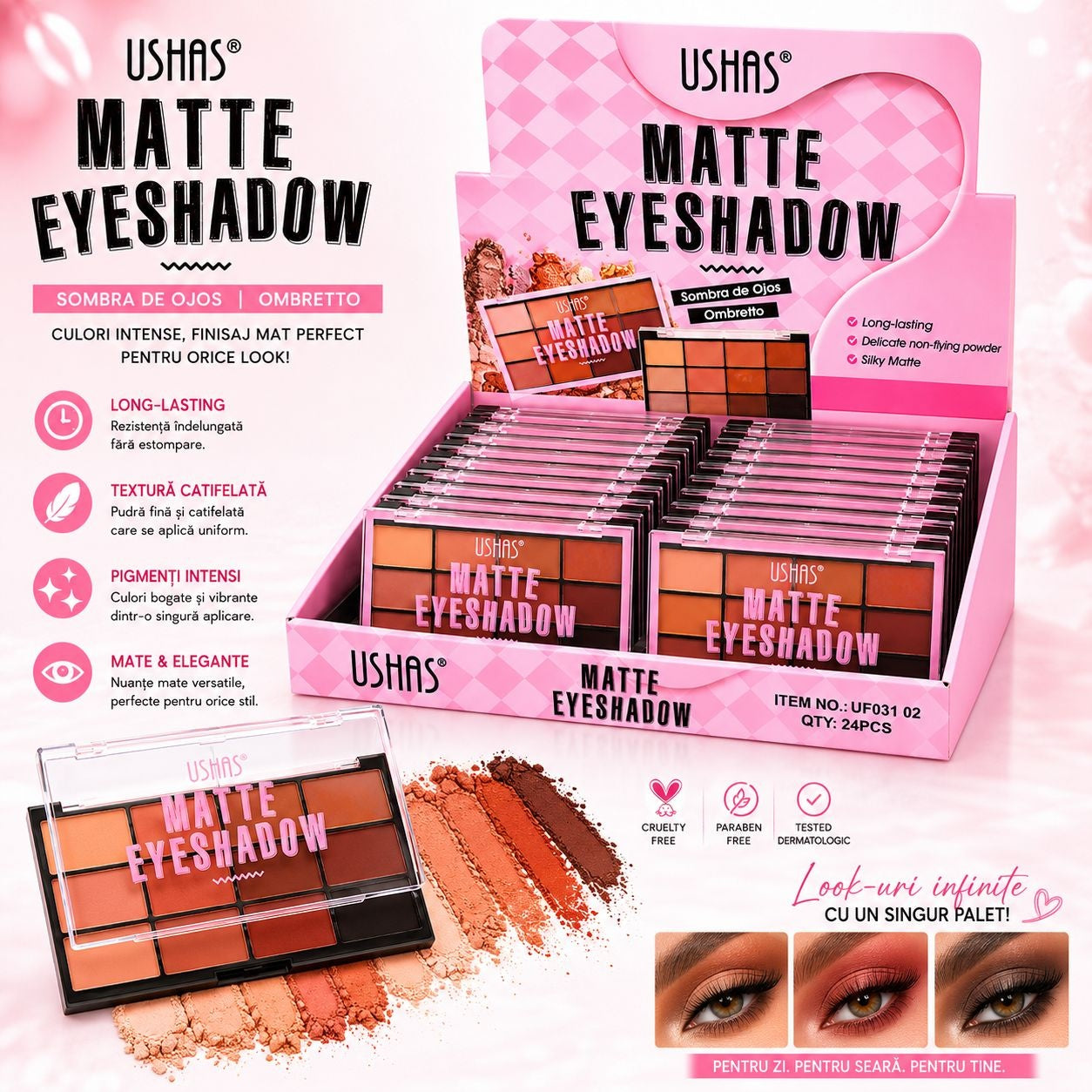 Set 24 Palete Farduri de Ochi USHAS Matte Eyeshadow – 12 Culori Mate, Pigmentare Intensă