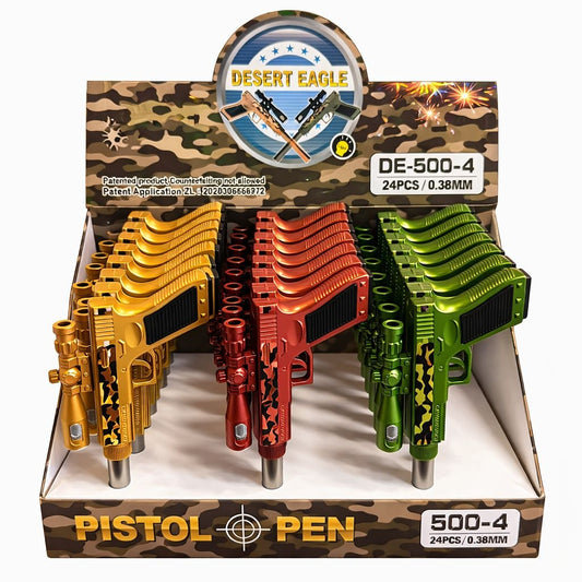 Set 24 pixuri cu pastă model pistol cu lunetă, design metalic decorativ, cu lumina led