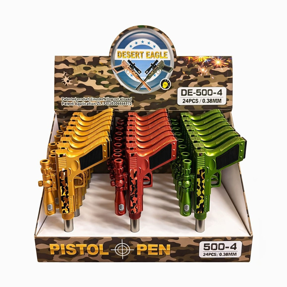 Set 24 pixuri cu pastă model pistol cu lunetă, design metalic decorativ, cu lumina led