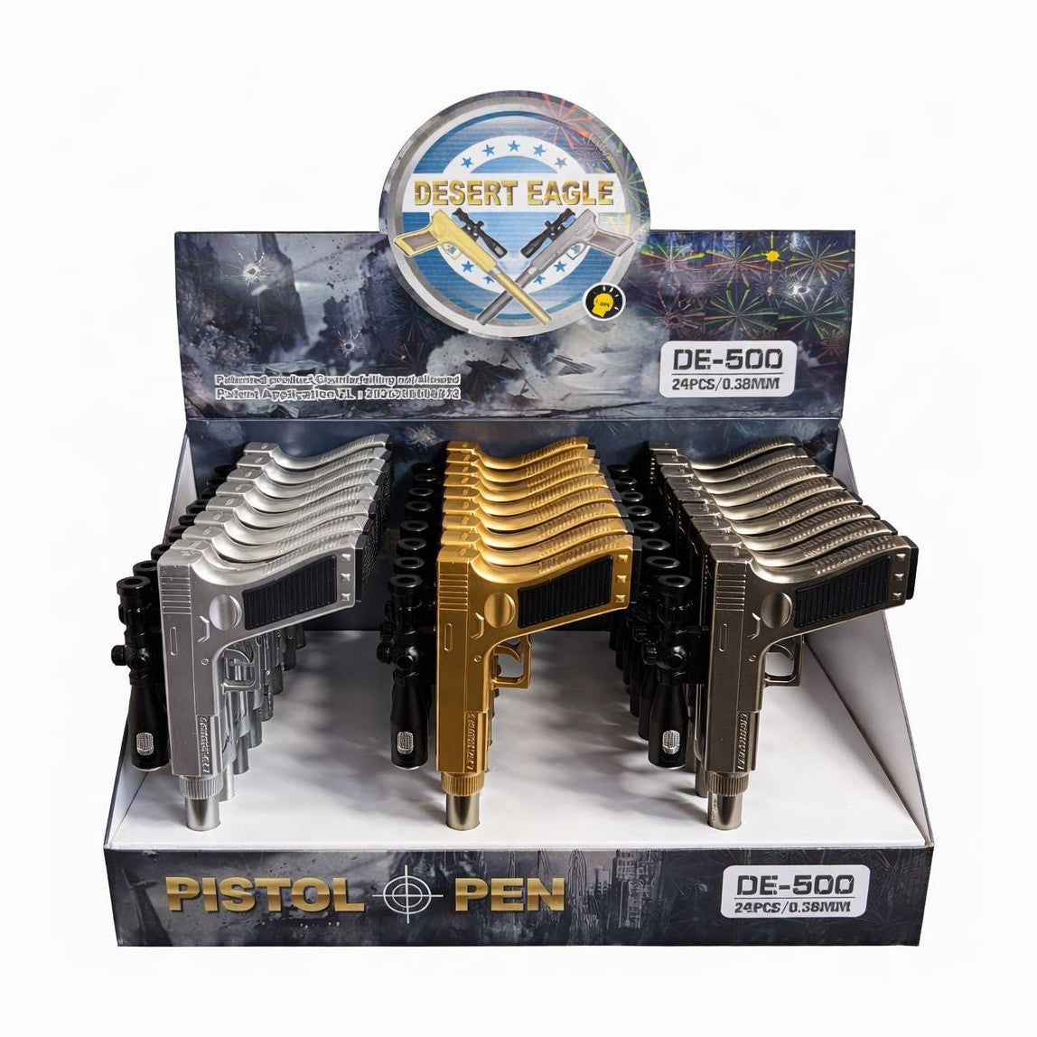 Set 24 pixuri cu pastă model pistol cu lunetă, design metalic decorativ, cu lumina led