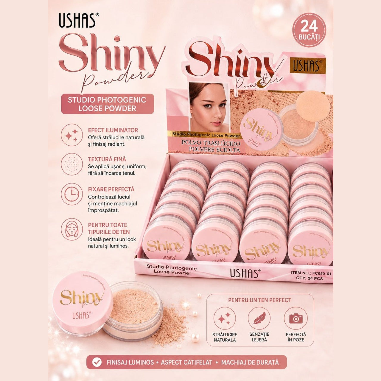 Set 24 Pudra Translucida Alba USHAS Shiny Powder – Pudră Pulbere pentru Fixarea Machiajului