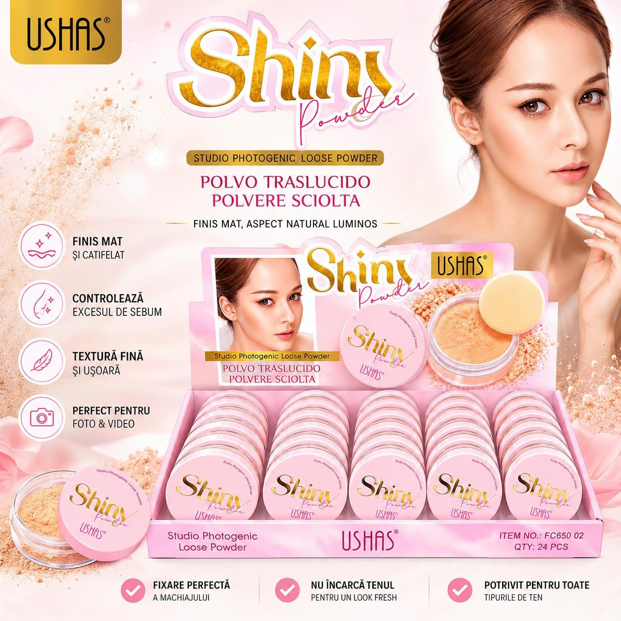 Set 24 Pudră Translucidă Matifiantă USHAS Shiny Powder – Fixare Perfectă și Finisaj Natural