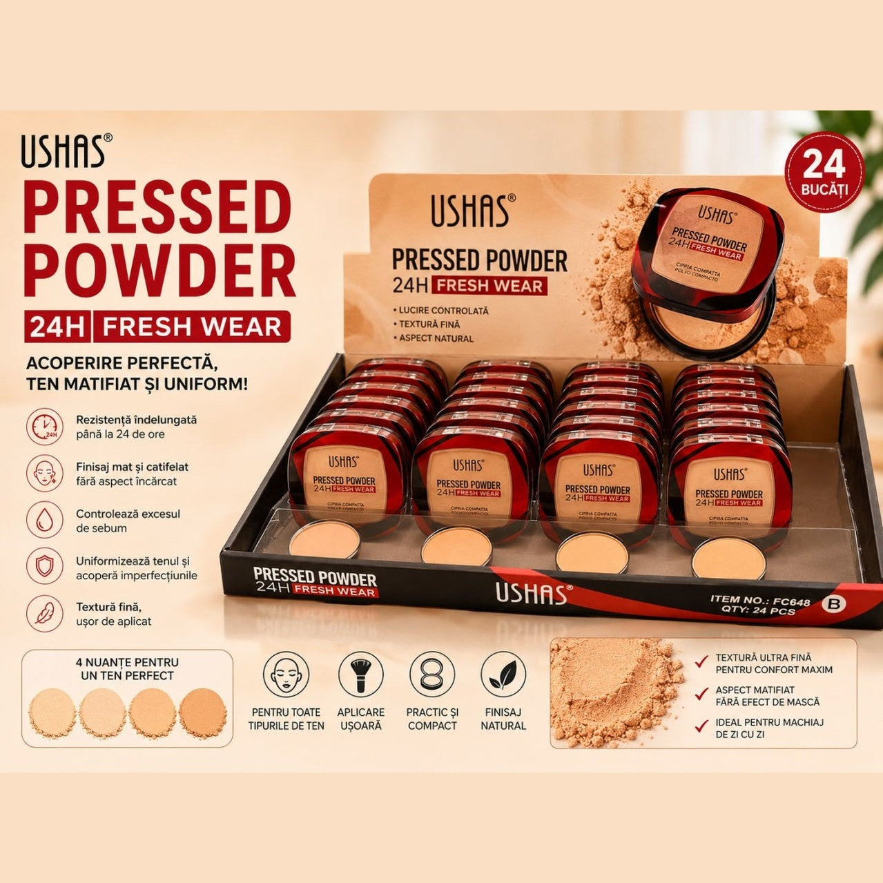 Set 24 Pudre Compacte USHAS Pressed Powder 24H Fresh Wear – Efect Matifiant și Acoperire Naturală