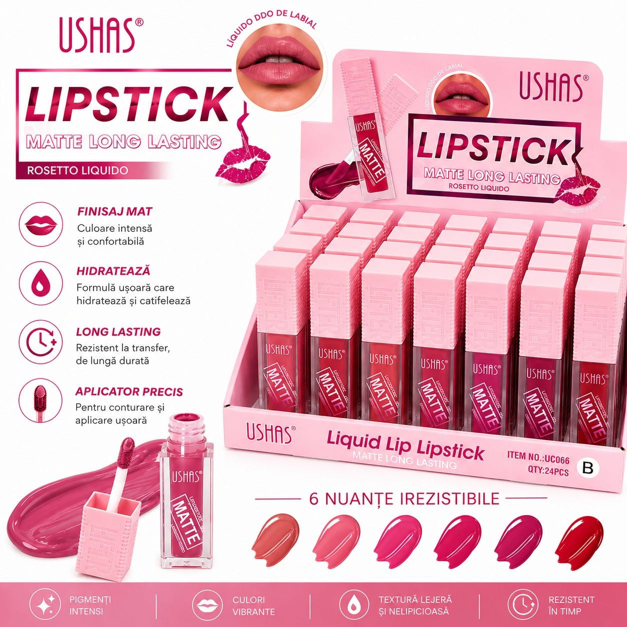 Set 24 Rujuri Lichide Mate USHAS – 6 Nuanțe Irezistibile, Rezistență Îndelungată și Finisaj Mat