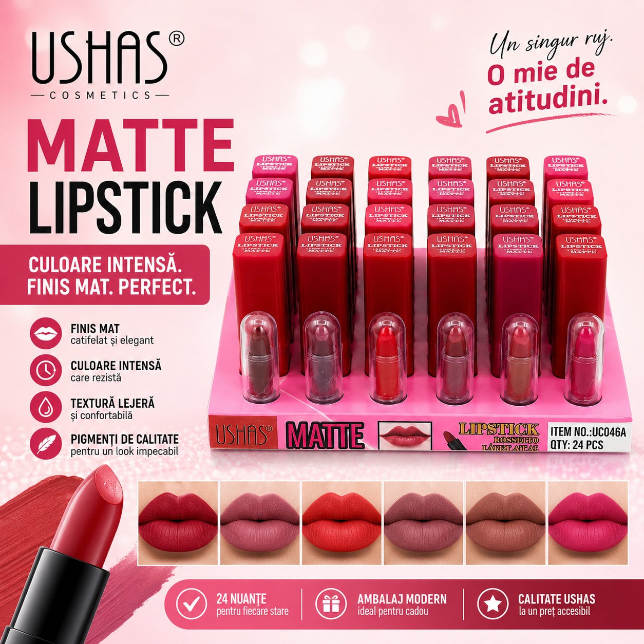Set 24 Rujuri Mate USHAS – 6 Nuanțe Intense, Finisaj Catifelat și Rezistență Îndelungată