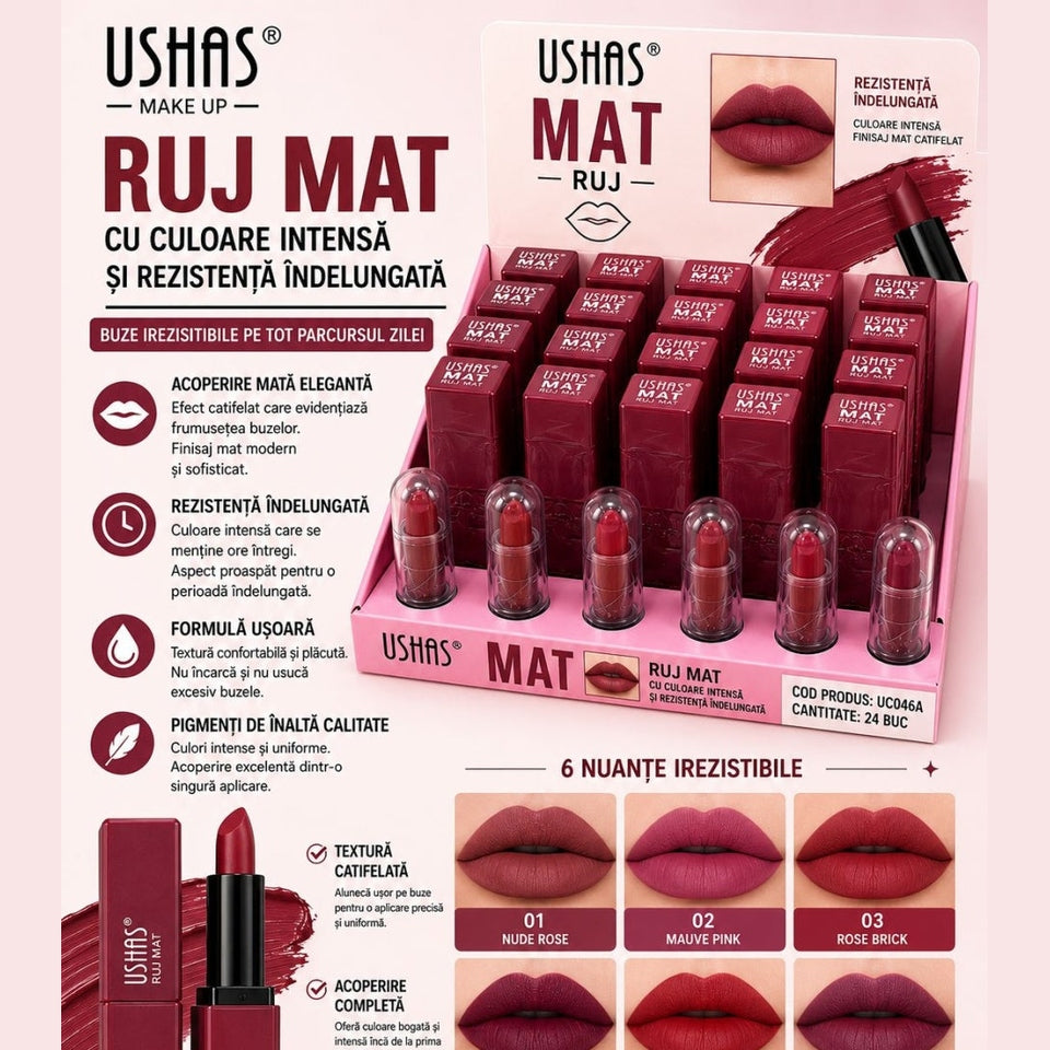 Set 24 Rujuri Mate USHAS – 6 Nuanțe Intense, Rezistență Îndelungată și Finisaj Catifelat