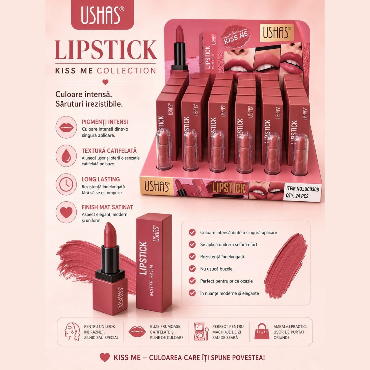 Set 24 Rujuri Mate USHAS Kiss Me – Culoare Intensă, Textură Catifelată și Rezistență Îndelungată