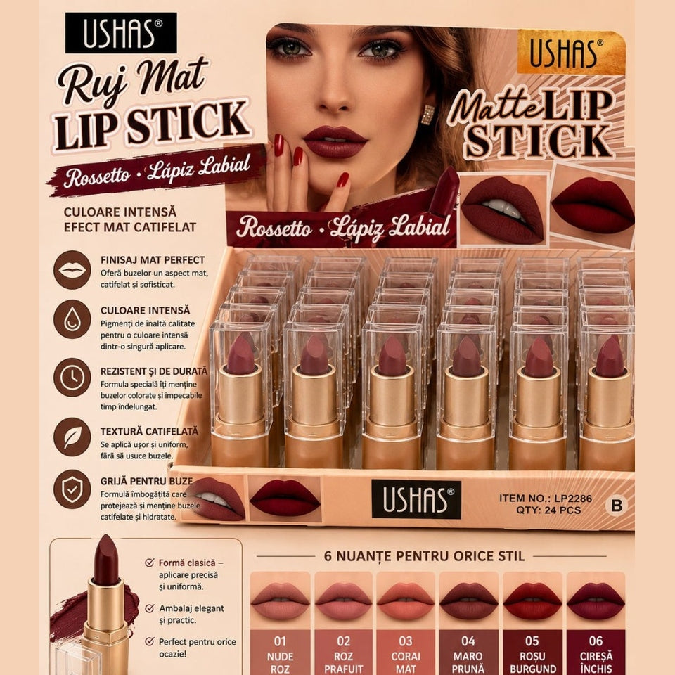 Set 24 Rujuri Mate USHAS Matte Lipstick – 6 Nuanțe Elegante, Culoare Intensă și Rezistență Îndelungată