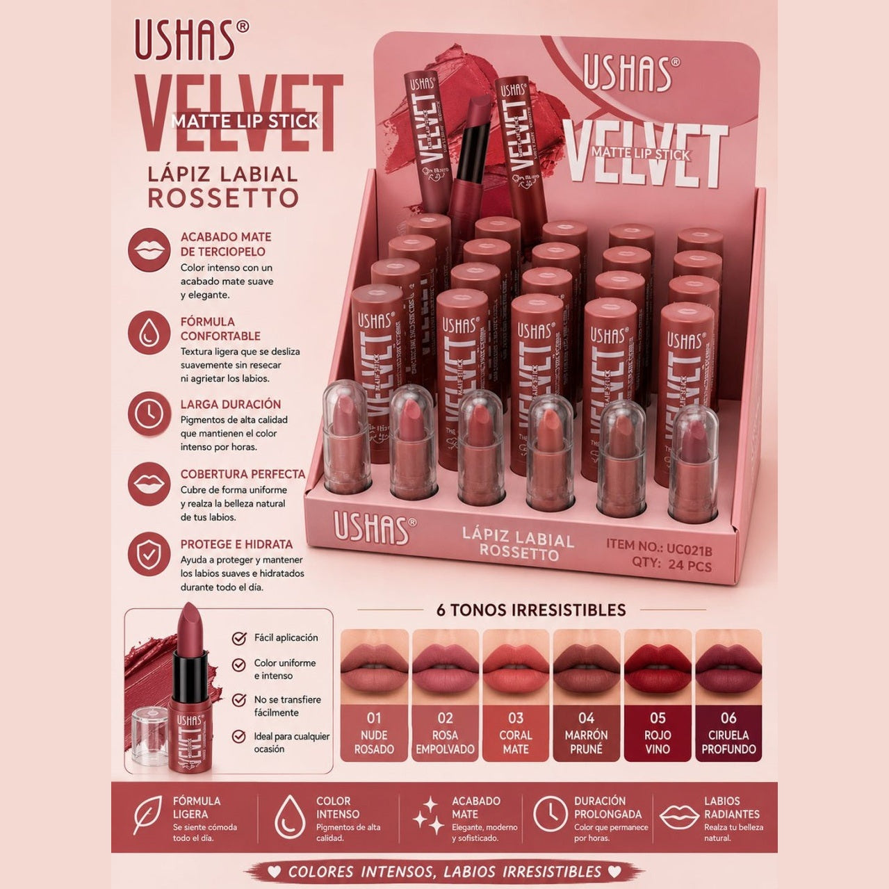 Set 24 Rujuri Mate USHAS Velvet Matte Lipstick – 6 Nuanțe Nude Elegante, Finisaj Catifelat