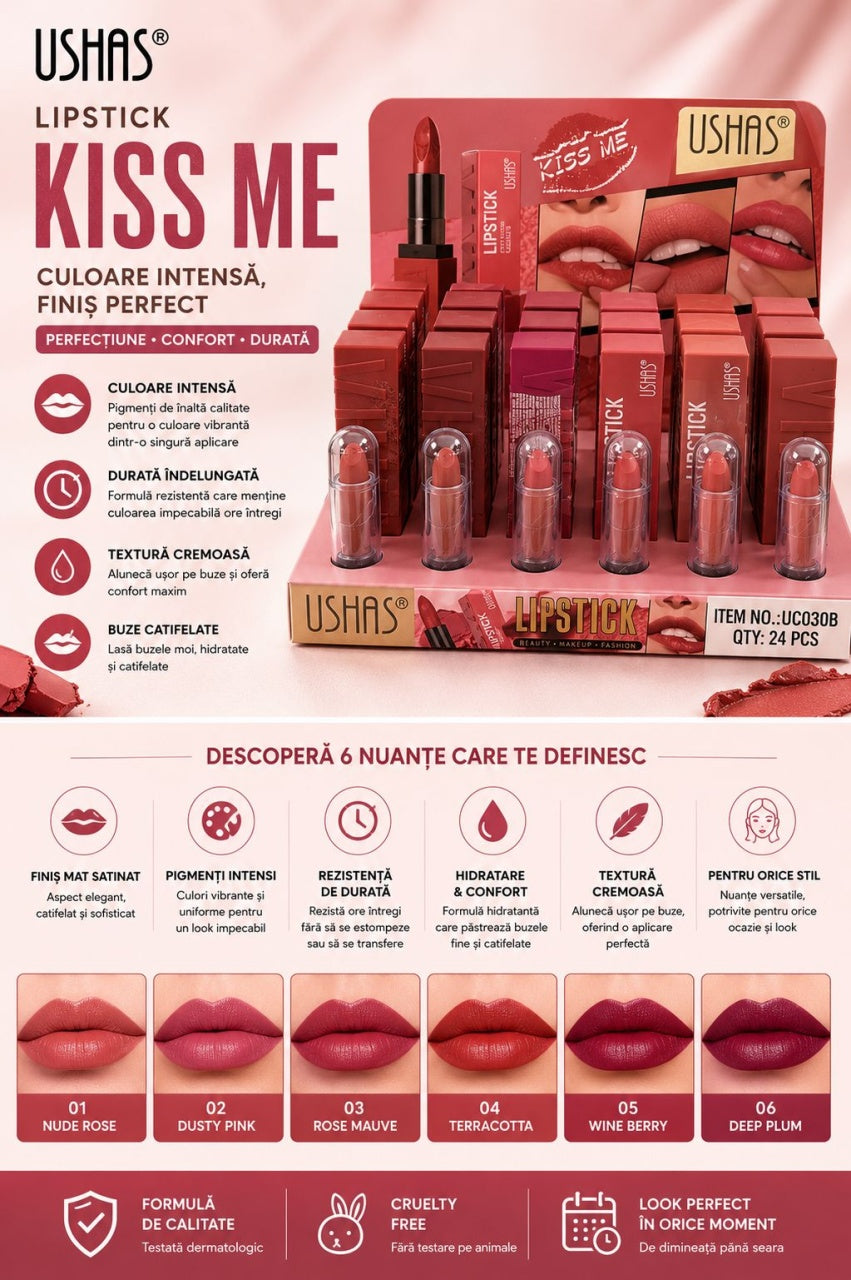 Set 24 Rujuri USHAS Kiss Me Matte Lipstick – 6 Nuanțe Elegante, Culoare Intensă și Rezistență Îndelungată