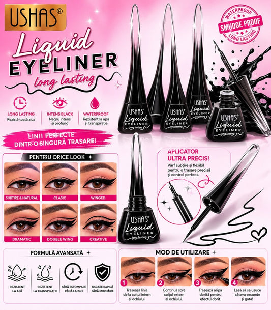 Set 24 Tuș Lichid pentru Ochi USHAS Liquid Eyeliner – Negru Intens, Waterproof, Long Lasting