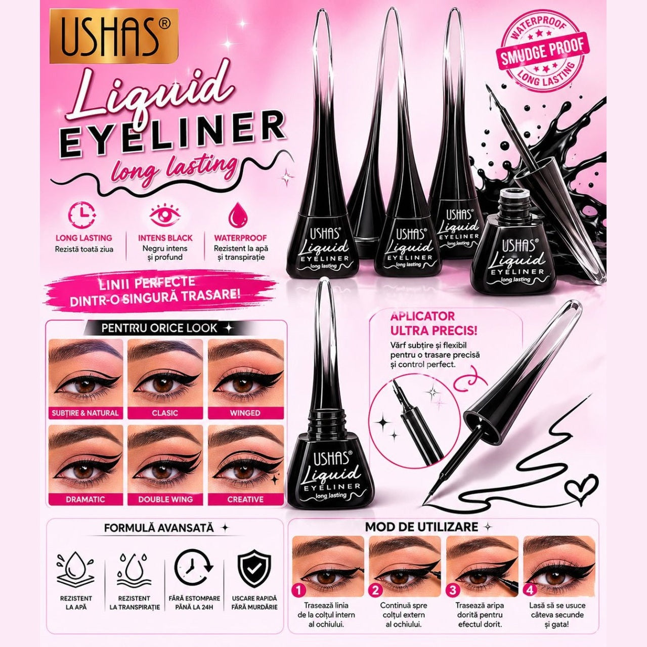 Set 24 Tuș Lichid pentru Ochi USHAS Liquid Eyeliner – Negru Intens, Waterproof, Long Lasting