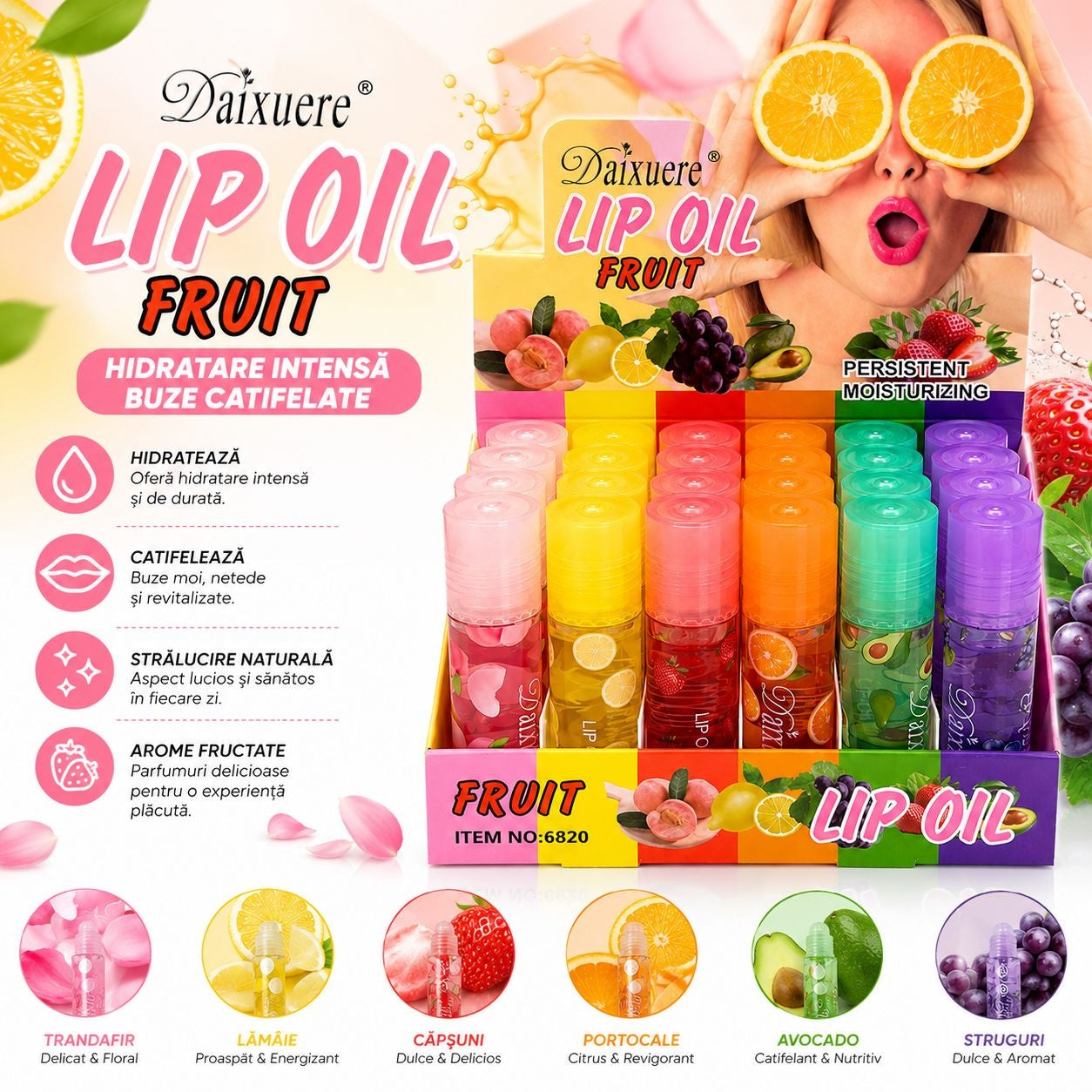 Set 24 Ulei de Buze cu Arome de Fructe – Lip Oil Fruit Hidratant și Catifelant