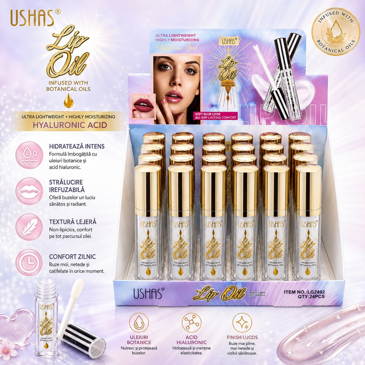Set 24 Uleiuri de Buze USHAS cu Acid Hialuronic – Hidratare Intensă și Strălucire Naturală