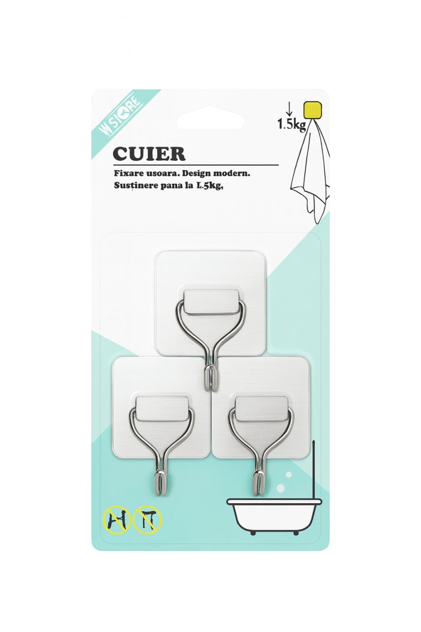 Set 3 cuiere adezive W.Store, 1.5 kg, inox, fixare usoara, design modern