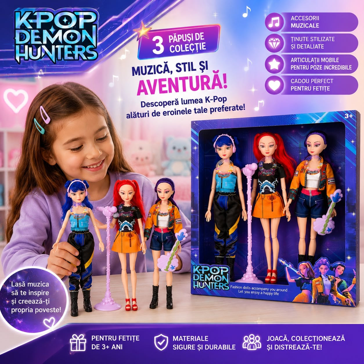 Set 3 Păpuși cu Muzică și Accesorii – Păpuși Fashion Articulate, Cadou pentru Fetițe 3+ Ani