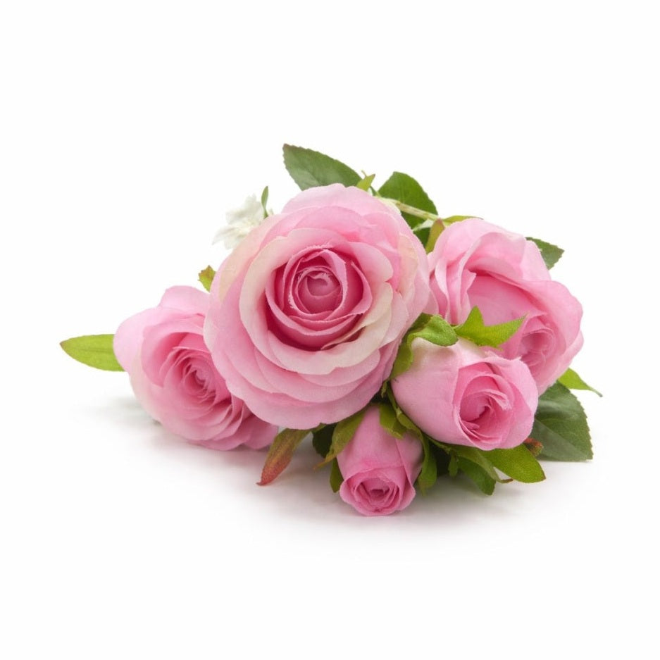 Set 3 trandafiri si 2 boboci roz pudrat, decorativi artificiali, 45 de cm