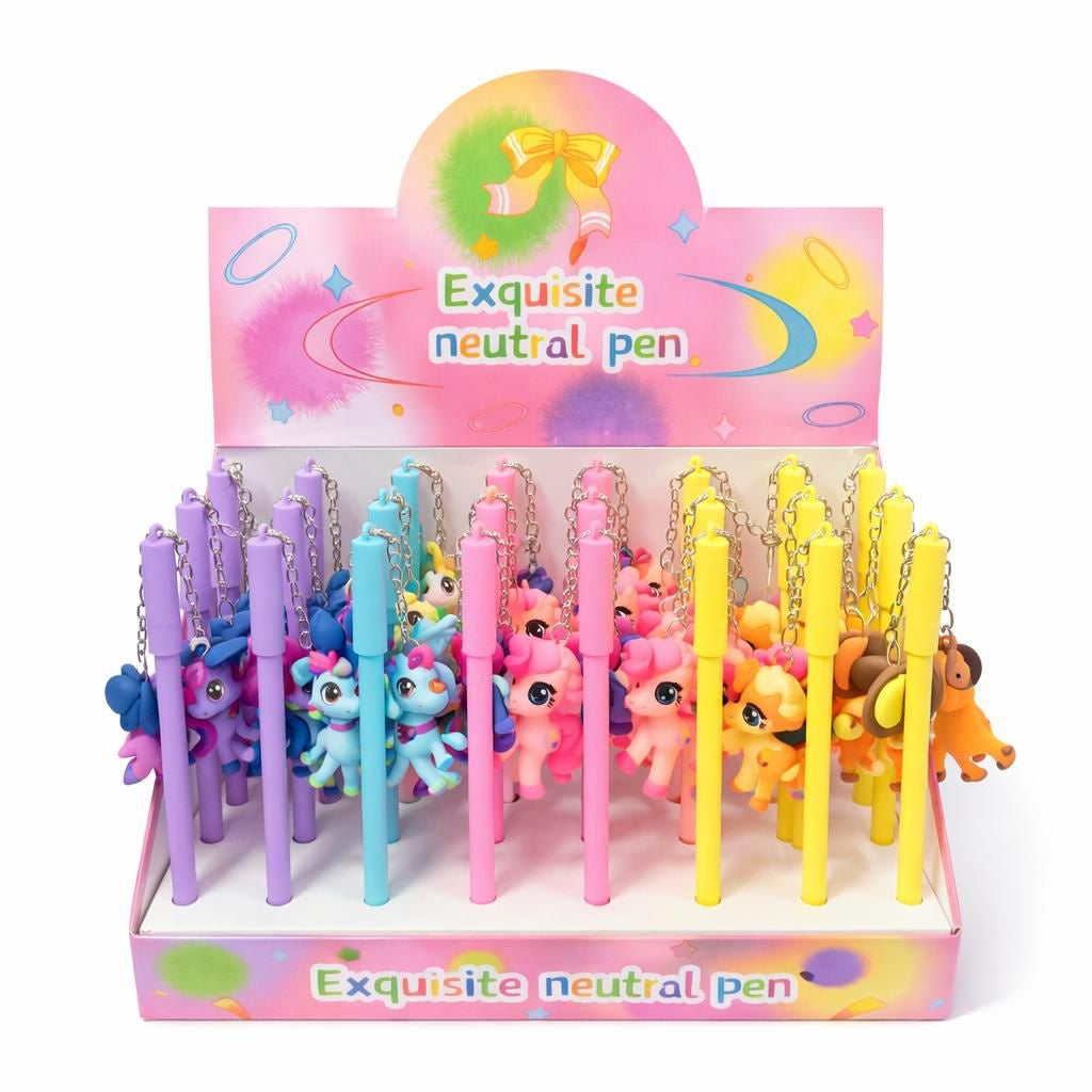 Set 30 pixuri cu gel și breloc ponei colorat, design simpatic pentru copii, diverse culori