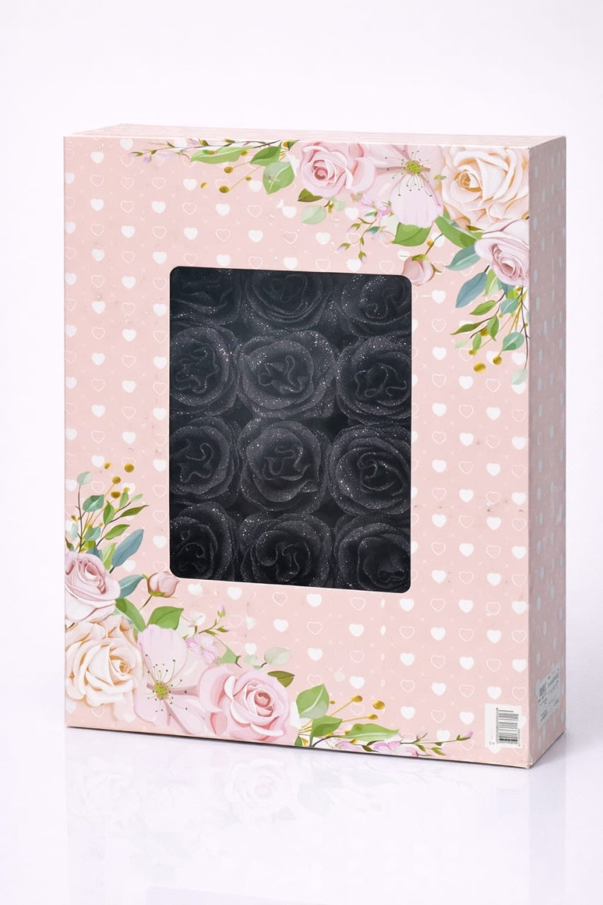 Set 30 trandafiri artificiali cu sclipici negru in cutie decorativa
