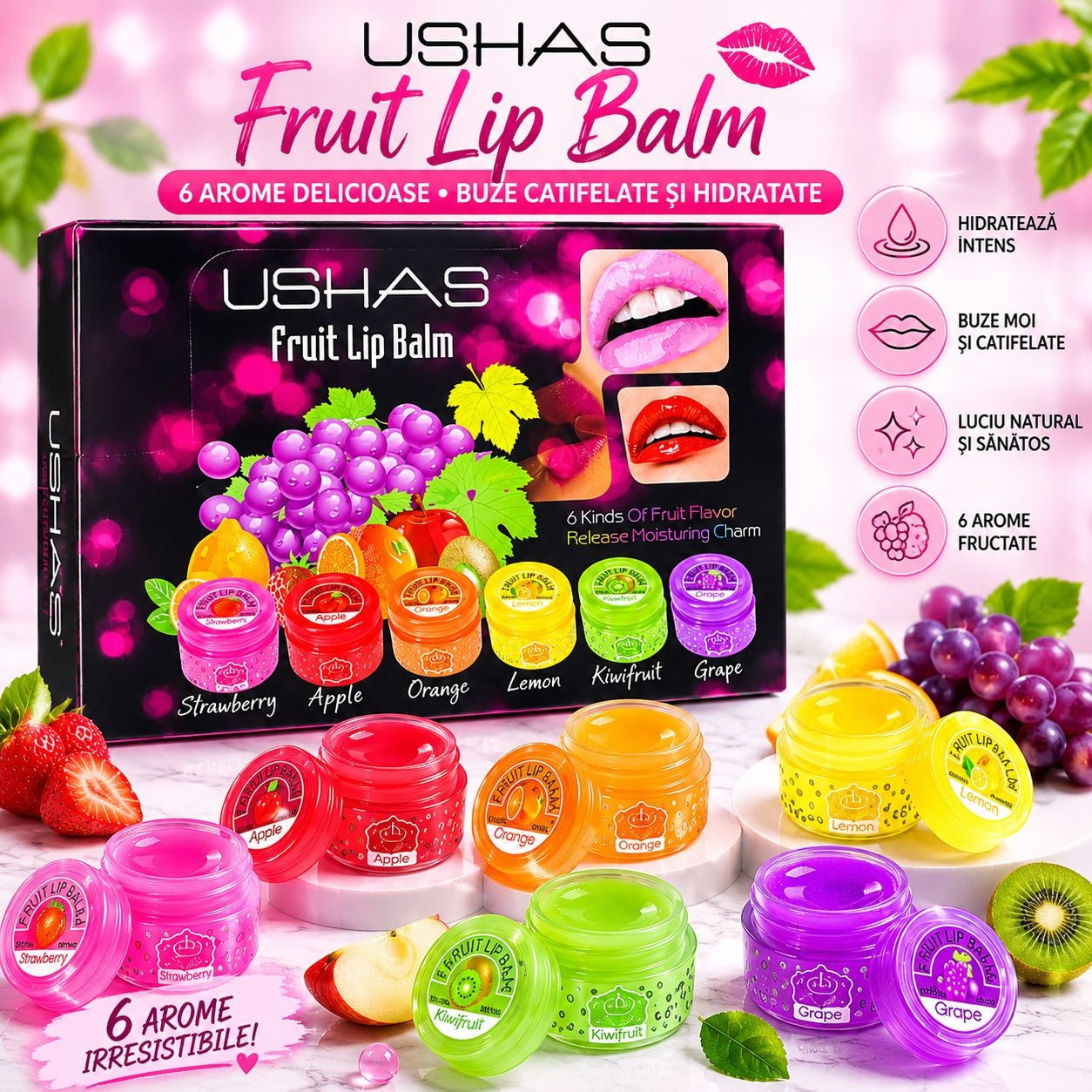 Set 36 Balsam de Buze cu Arome Fructate USHAS – Hidratare Intensă, 6 Arome Delicioase
