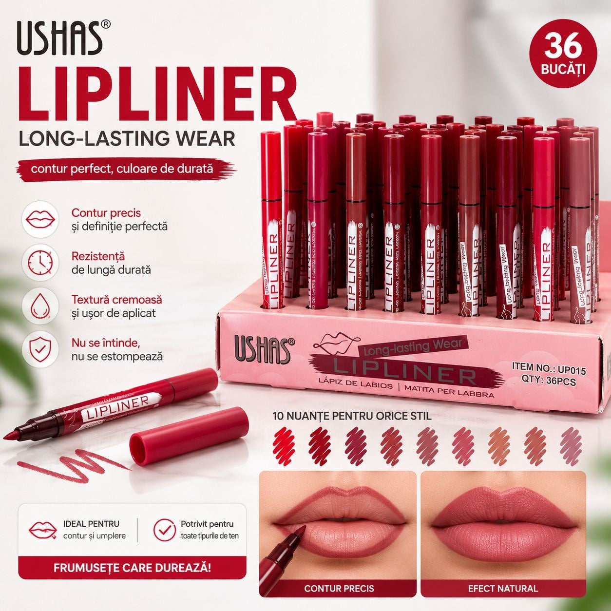 Set 36 Creioane de Buze USHAS Lipliner Long-Lasting Wear – Mix Culori, Rezistență Îndelungată