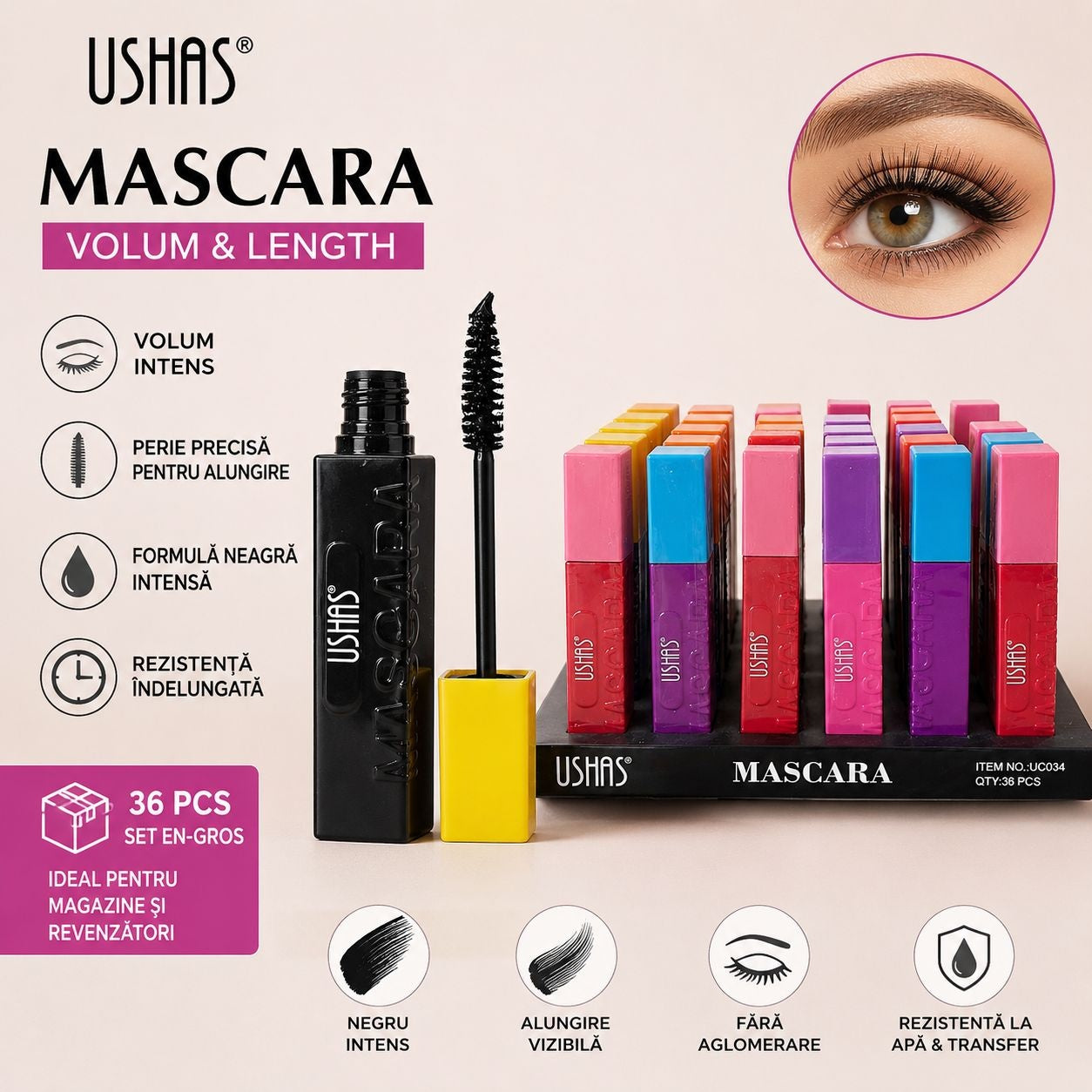Set 36 Mascara Colorate USHAS Volume & Length – 6 Culori Vibrante, Efect de Volum și Alungire