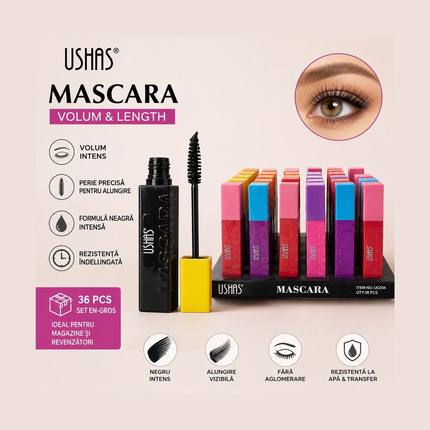 Set 36 Mascara Colorate USHAS Volume & Length – 6 Culori Vibrante, Efect de Volum și Alungire