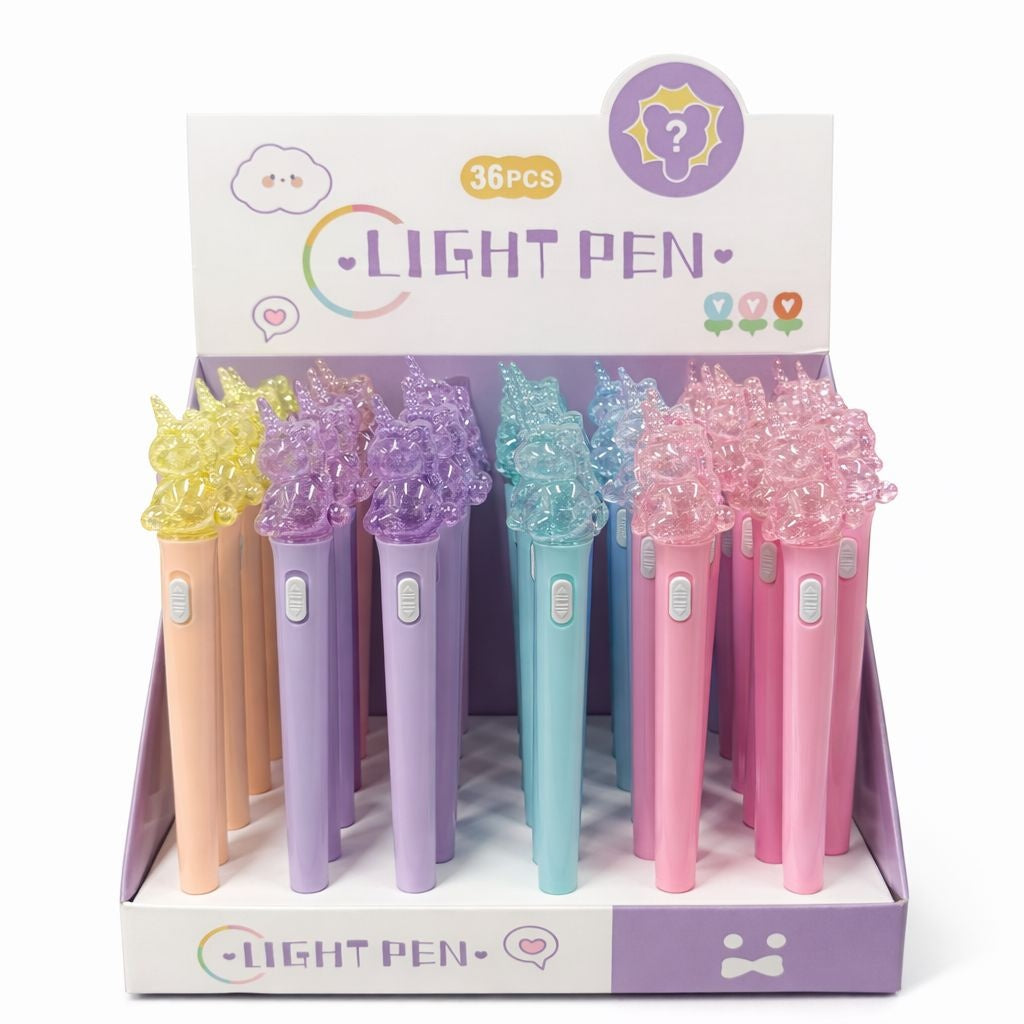 Set 36 pixuri cu lumină LED și figurină unicorn transparentă, model colorat pentru copii