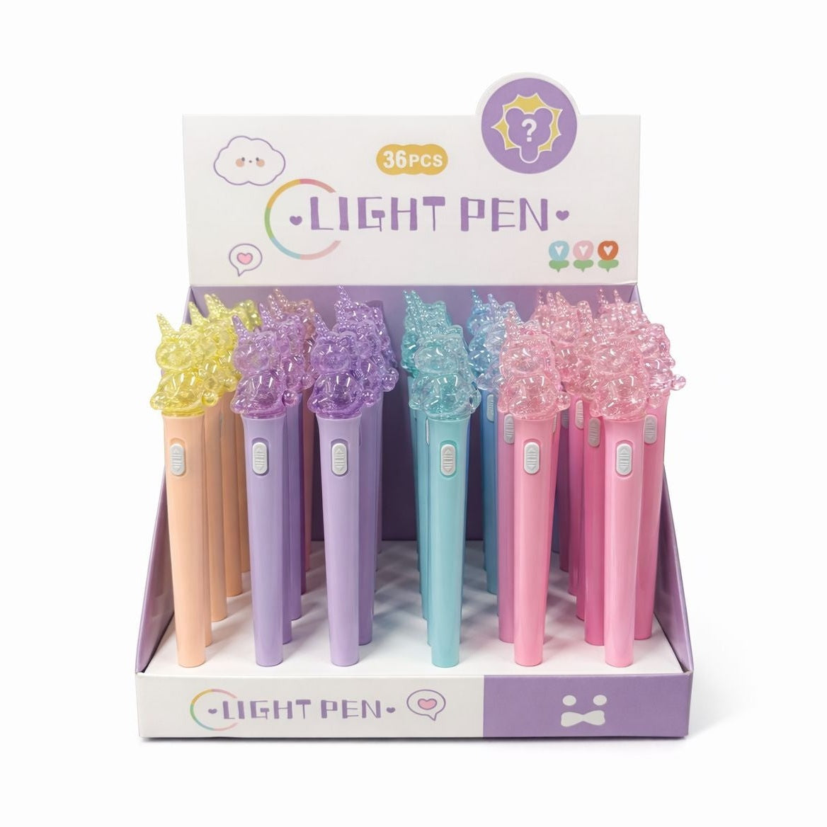 Set 36 pixuri cu lumină LED și figurină unicorn transparentă, model colorat pentru copii