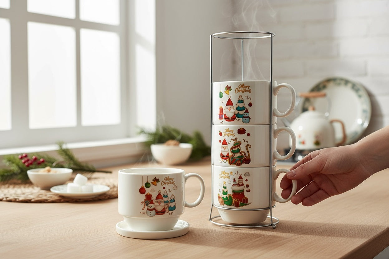 Set 4 Cani Ceramice cu Suport , Model Christmas Gnomes, Design Festiv