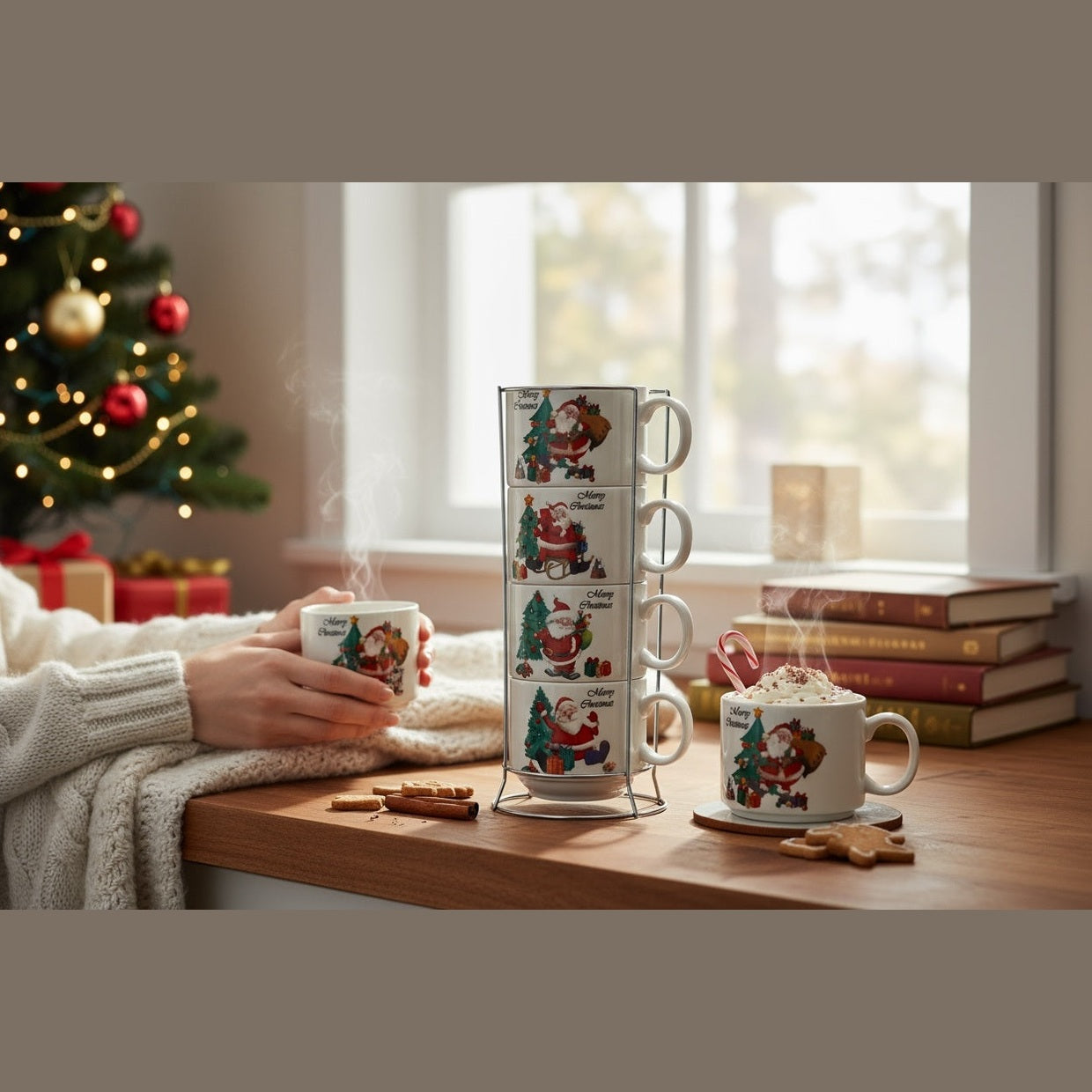 Set 4 Cani Ceramice cu Suport , Model Mos Craciun si Brad, Merry Christmas