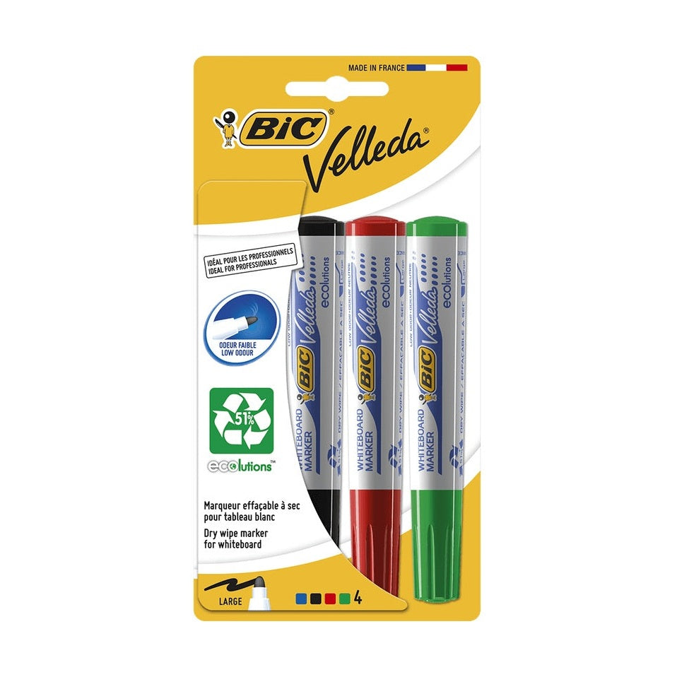 Set 4 Markere pentru tabla Bic Vellada, 4 culori , rosu, verde, albastru si negru, usor de sters,