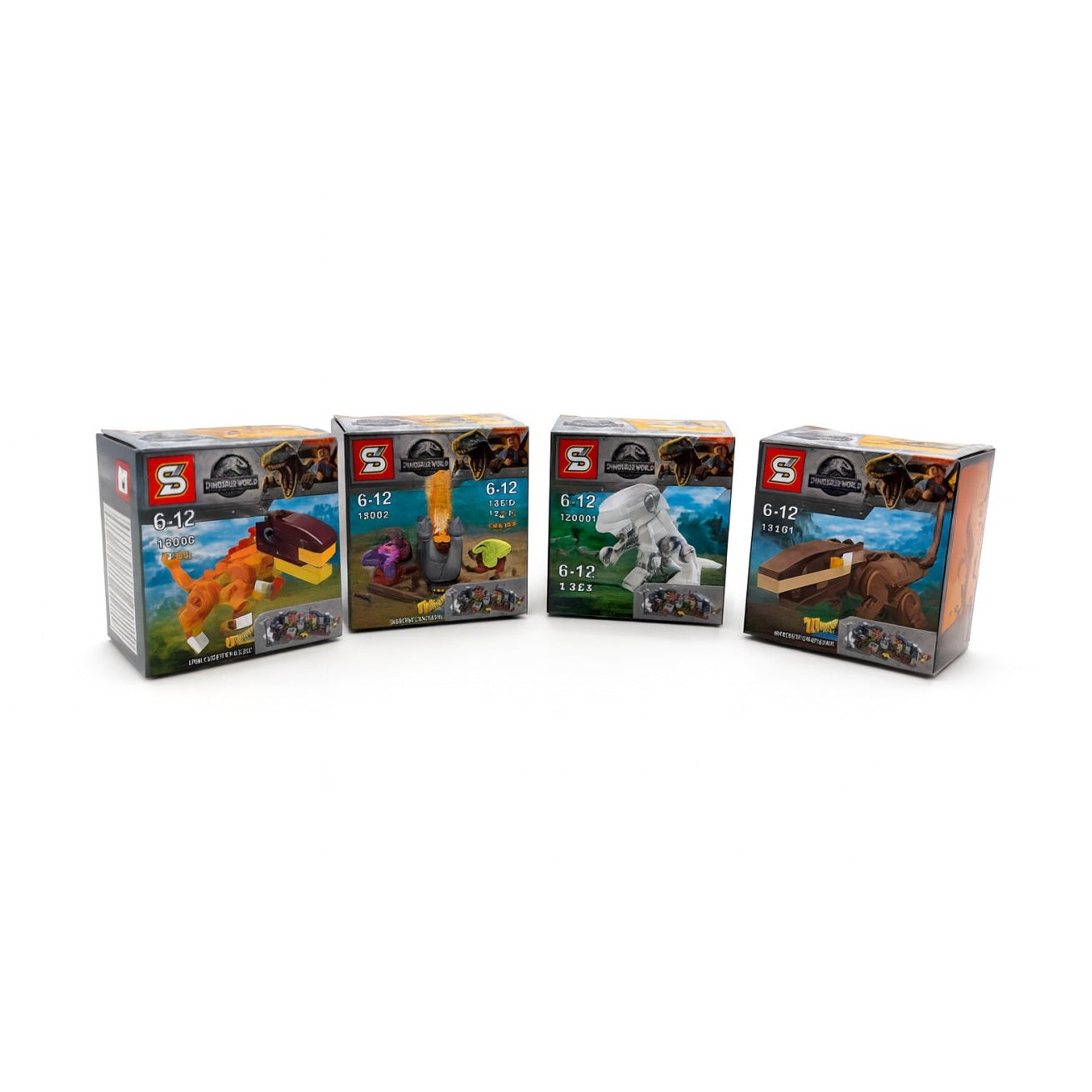Set 4 Mini Dinozauri Puzzle Tip Lego , Cutii 7x7 cm, Construibile, Cadou pentru Copii 6-12 Ani
