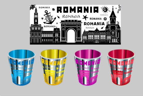 Set 4 pahare suvenir România, diverse culori, 10 cm