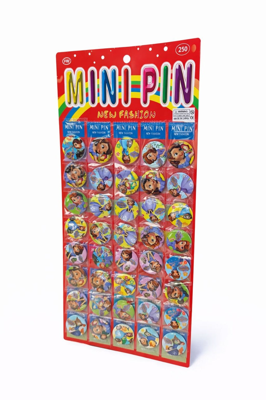 Set 40 insigne rotunde 3 cm cu personaje vesele, ambalaj 13x38 cm