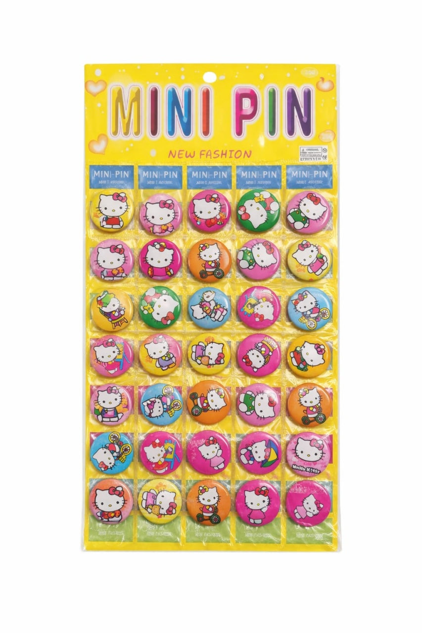 Set 40 insigne rotunde 3 cm cu pisicute fashion, display galben 13x38 cm
