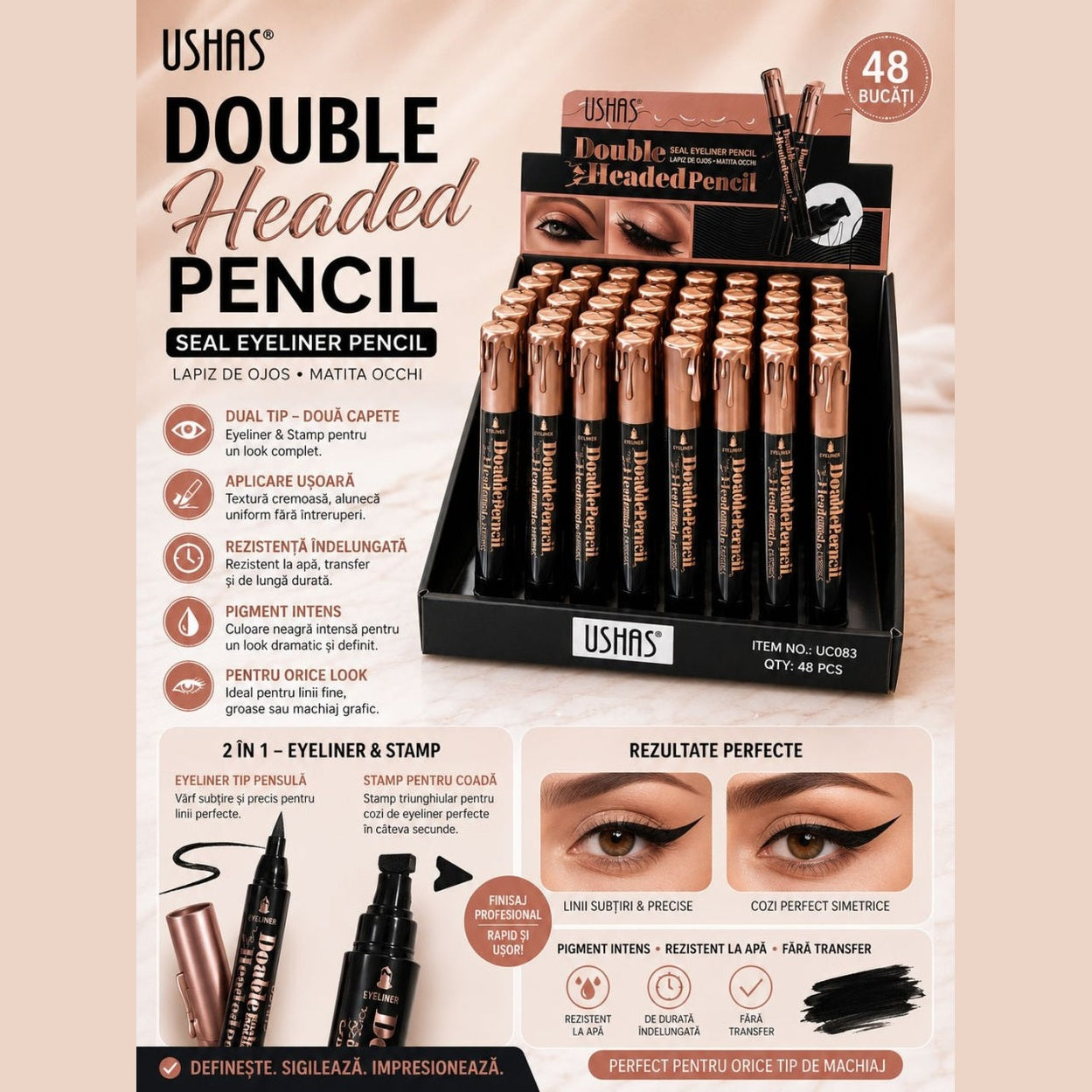 Set 48 Eyeliner Cariocă 2 în 1 USHAS Double Headed Pencil – Vârf Precis și Stamp pentru Coadă Perfectă