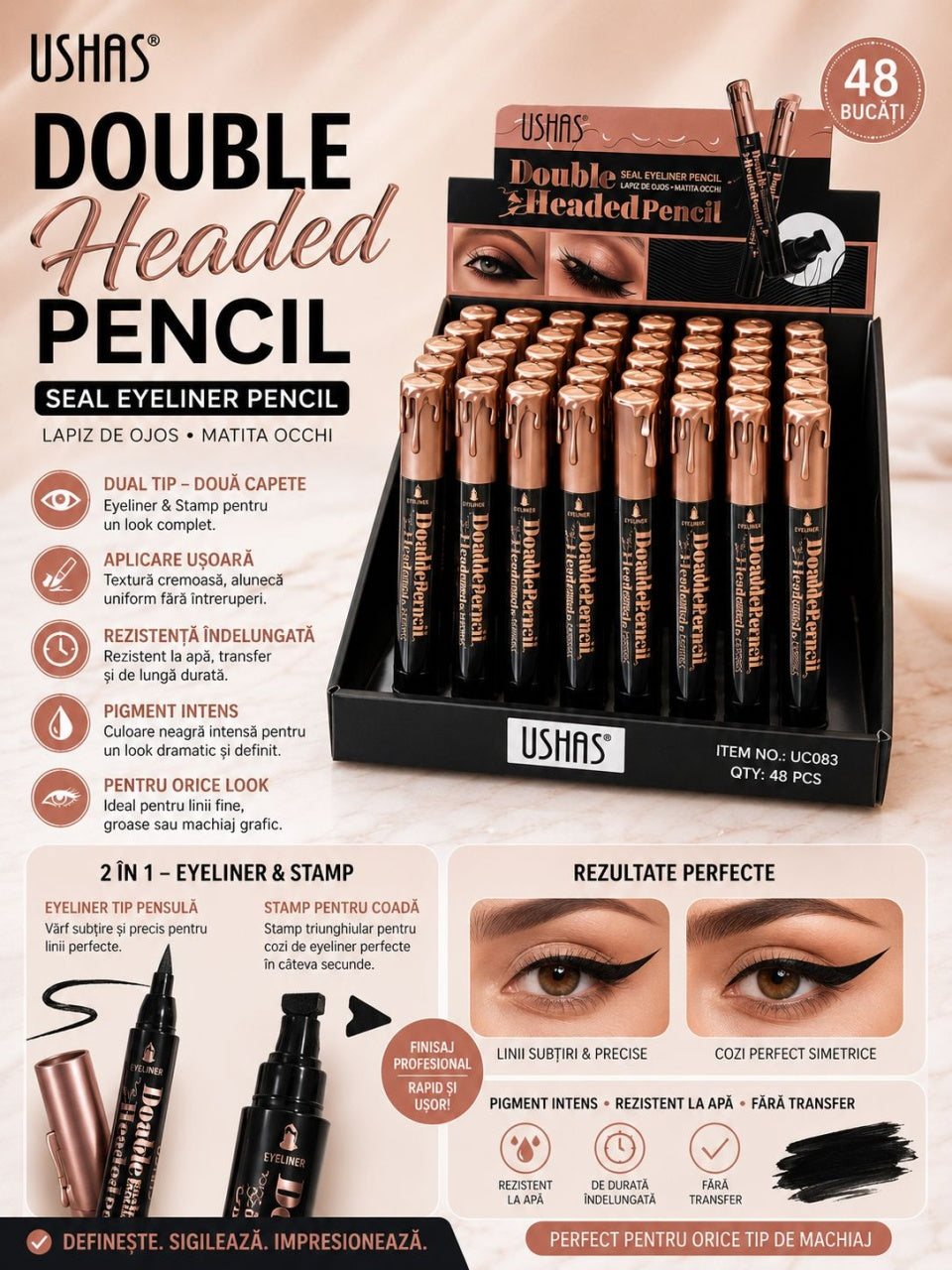 Set 48 Eyeliner Cariocă 2 în 1 USHAS Double Headed Pencil – Vârf Precis și Stamp pentru Coadă Perfectă