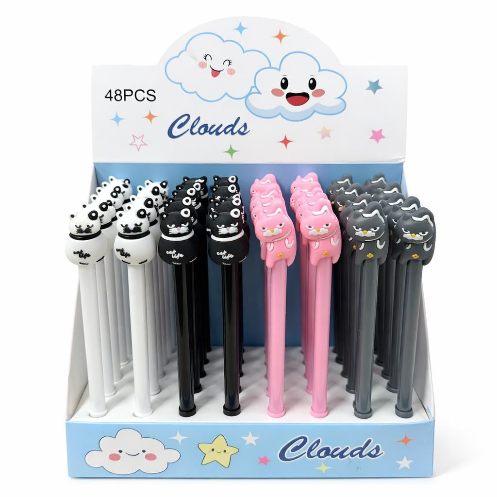 Set 48 pixuri cu gel și figurină pisică decorativă, model simpatic pentru copii, diverse culori