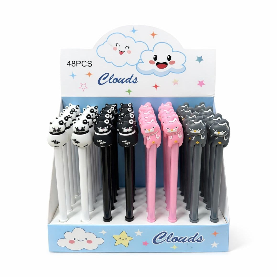 Set 48 pixuri cu gel și figurină pisică decorativă, model simpatic pentru copii, diverse culori