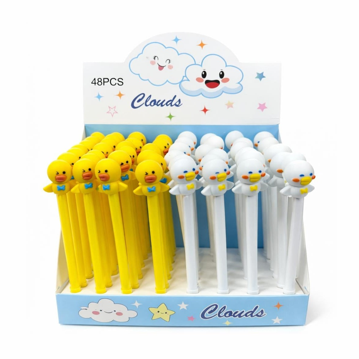 Set 48 pixuri cu gel și figurină rățușcă decorativă, model simpatic pentru copii, alb si galben