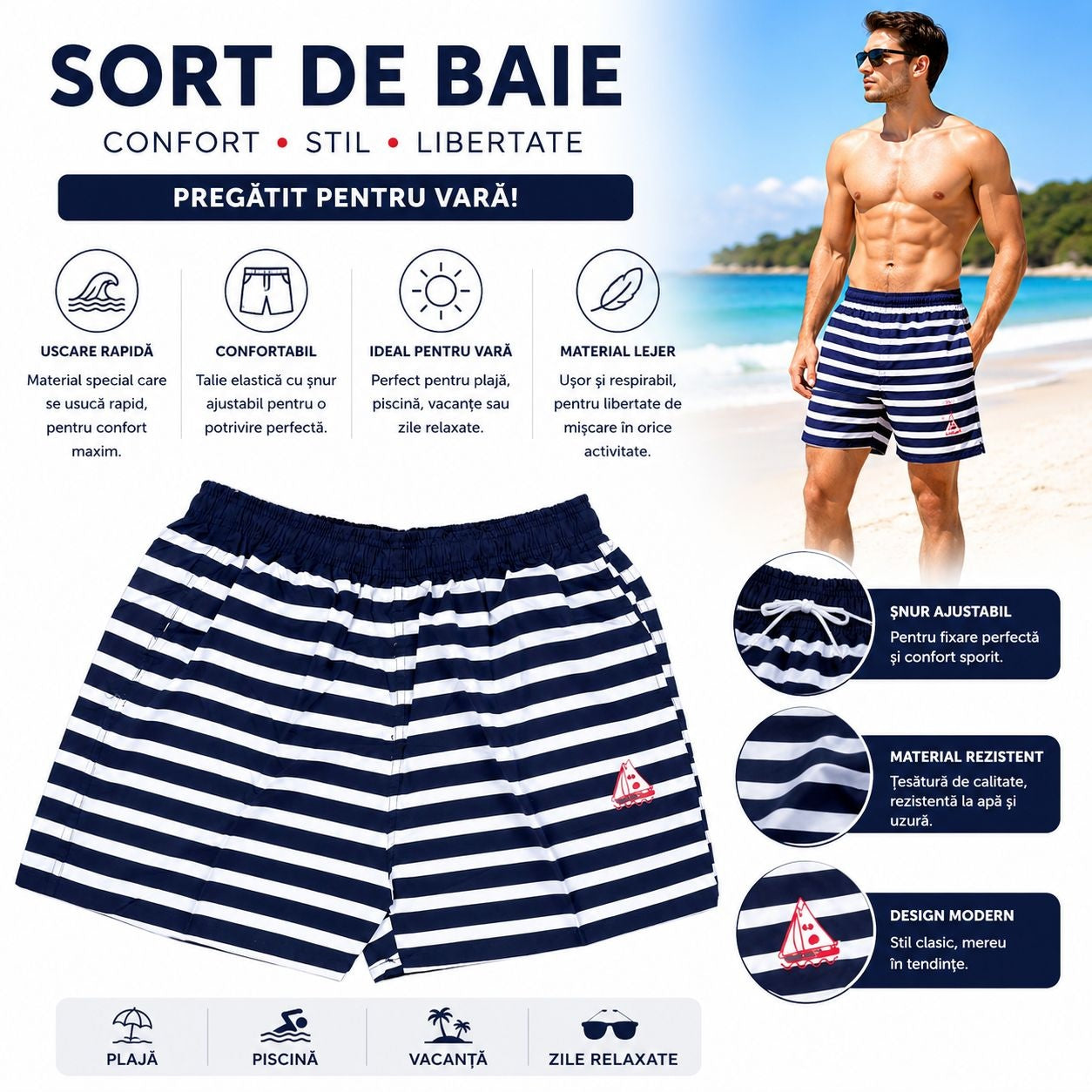 Set 5 Sorturi de Baie Bărbați Marinăresc Albastru-Alb – Mărimi Asortate Incluse