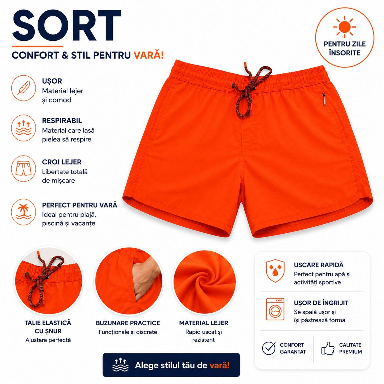 Set 5 Sorturi de Baie Bărbați Portocalii – Material Ușor, Uscare Rapidă și Confort Maxim