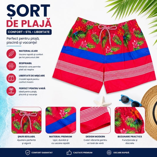 Set 5 Sorturi de Baie Bărbați Tropical Roșu – Mărimi Asortate Incluse, Uscare Rapidă