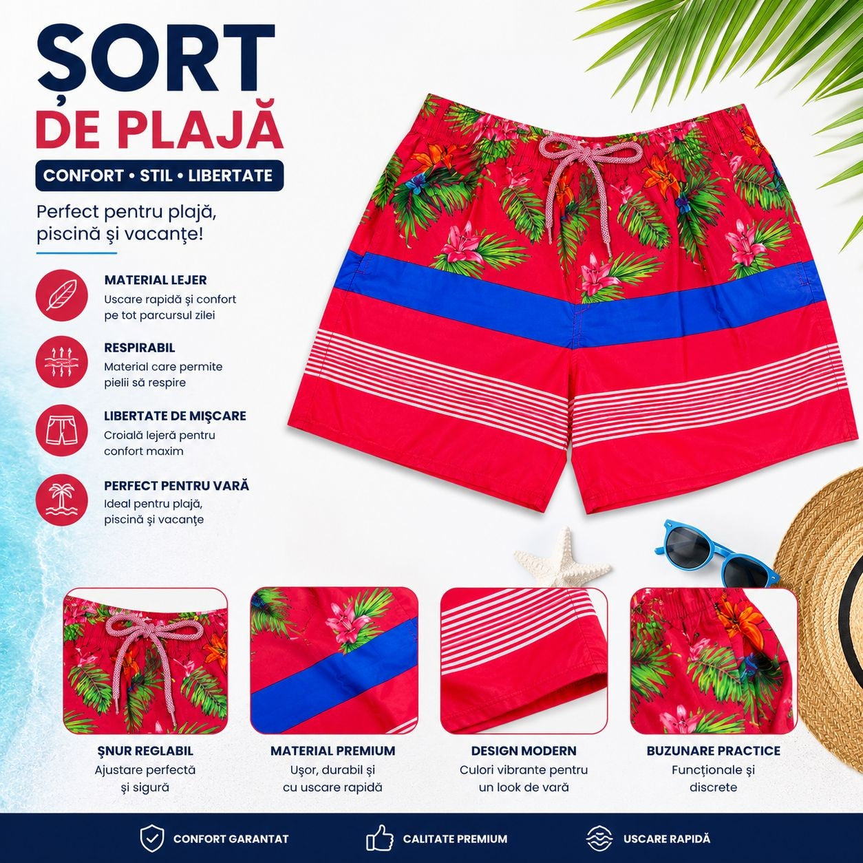 Set 5 Sorturi de Baie Bărbați Tropical Roșu – Mărimi Asortate Incluse, Uscare Rapidă
