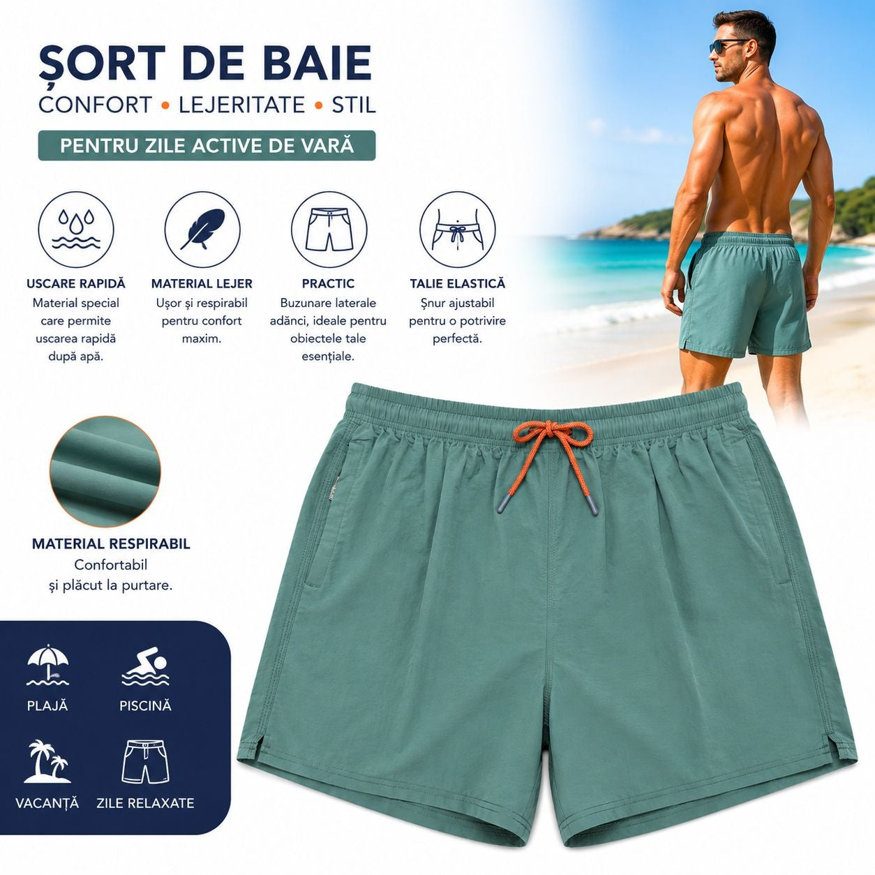 Set 5 Sorturi de Baie Bărbați Verde – Material Respirabil, Uscare Rapidă
