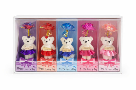 Set 5 ursuleti cu floare artificiala LED si baterii incluse, Happy Every Day, 25 x 9.5 cm